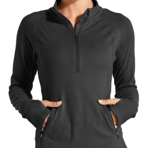 Willit Women's Fleece Running Jacket Pullover Thermal Equestrian Shirt Golf Shirt Long Sleeve Half Zip Exercise Winter Gear Black L