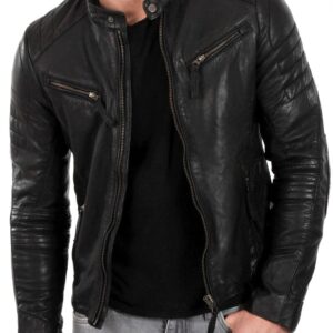 DECIMAL Men's Black & BROWN Genuine Lambskin Leather Biker Jacket VINTAGE REAL MOTORCYCLE JACKETS FOR MEN (XL, BLACK)