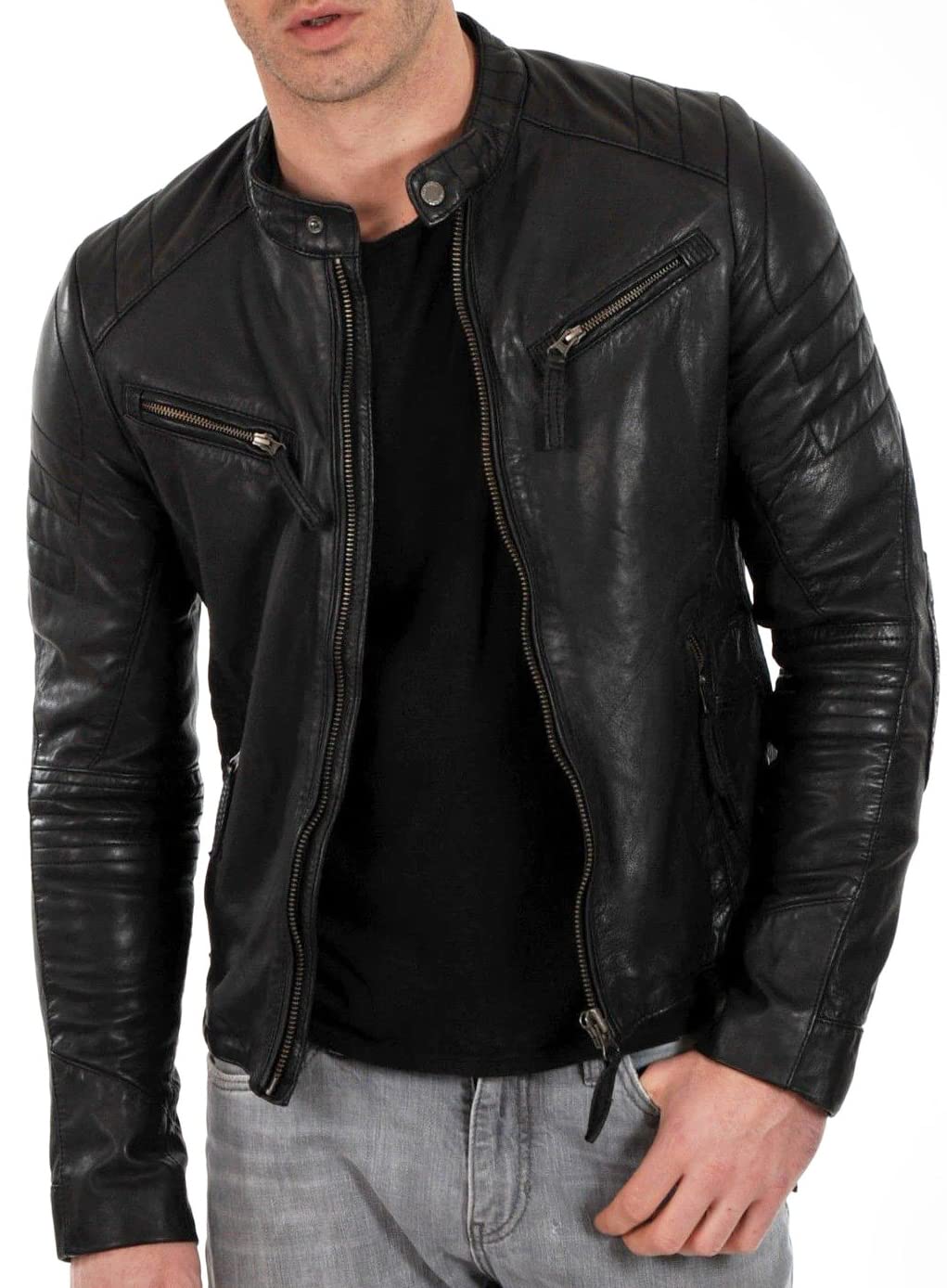 DECIMAL Men's Black & BROWN Genuine Lambskin Leather Biker Jacket VINTAGE REAL MOTORCYCLE JACKETS FOR MEN (XL, BLACK)