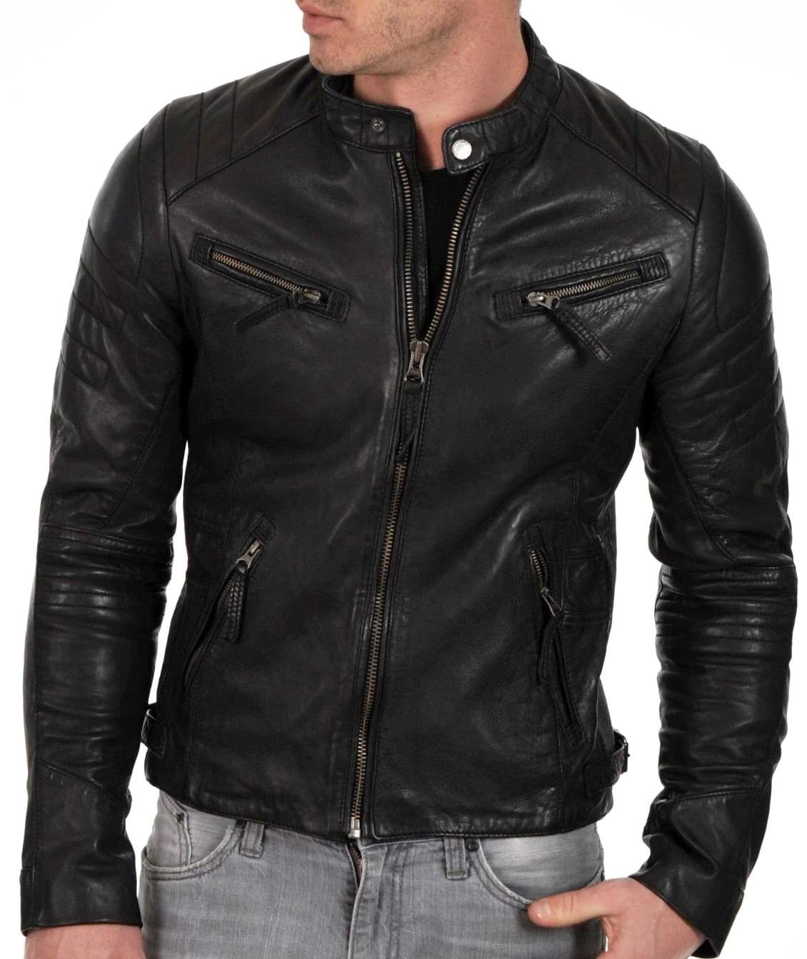 DECIMAL Men's Black & BROWN Genuine Lambskin Leather Biker Jacket VINTAGE REAL MOTORCYCLE JACKETS FOR MEN (XL, BLACK)