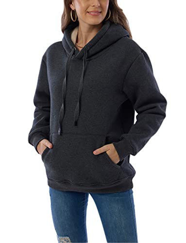 Haellun Womens Casual Winter Warm Fleece Sherpa Lined Pullover Hooded Sweatshirt (Dark grey, Small)