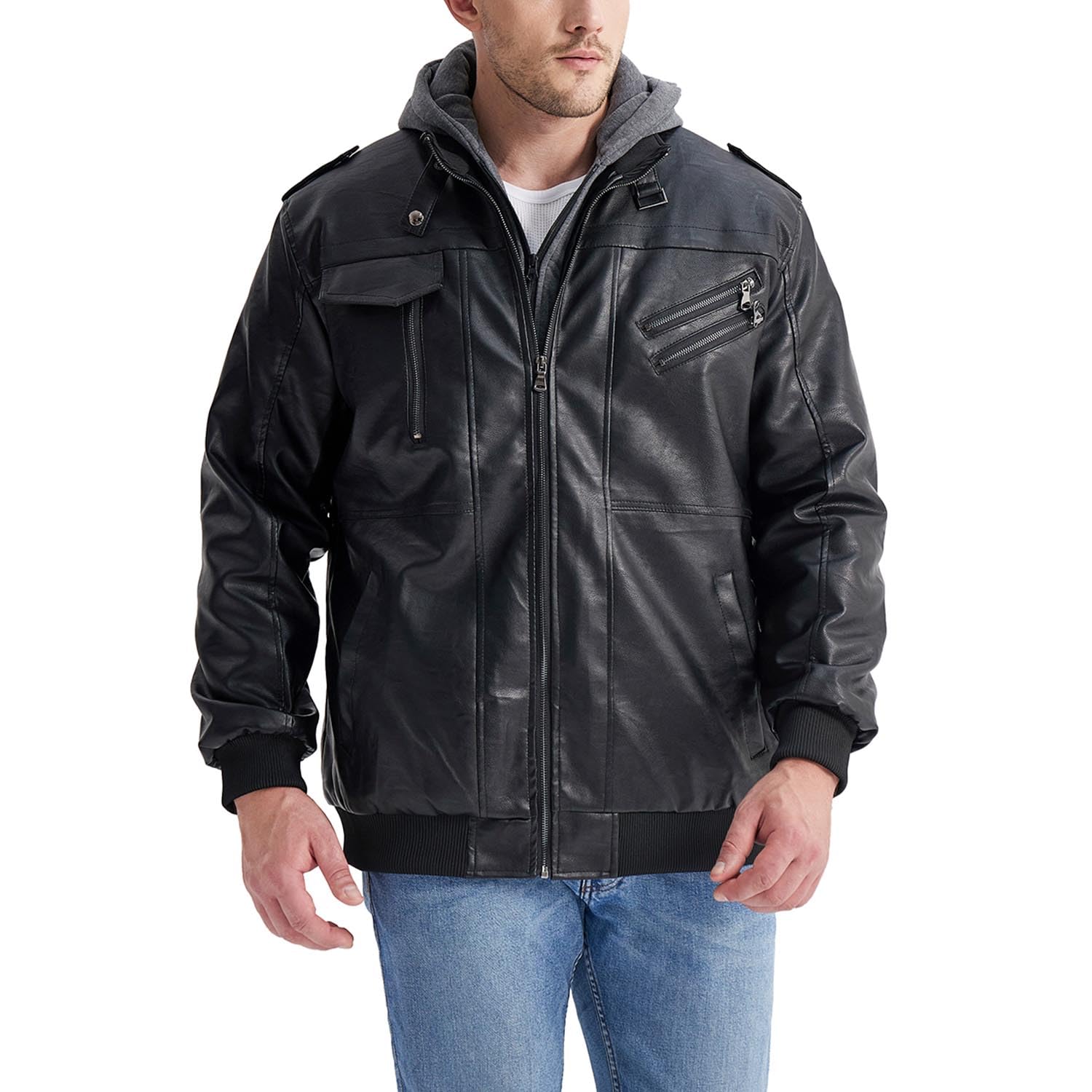 MEBAMY Men's Casual Faux Leather Jacket Coat Autumn and Winter Warm Jacket Black Leather Motorcycle Jacket with Removable Hood