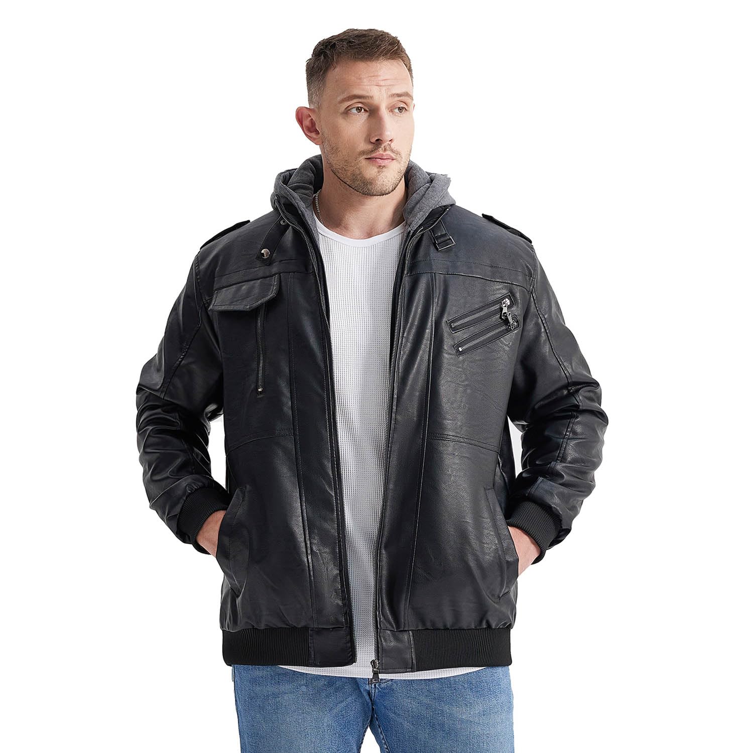 MEBAMY Men's Casual Faux Leather Jacket Coat Autumn and Winter Warm Jacket Black Leather Motorcycle Jacket with Removable Hood