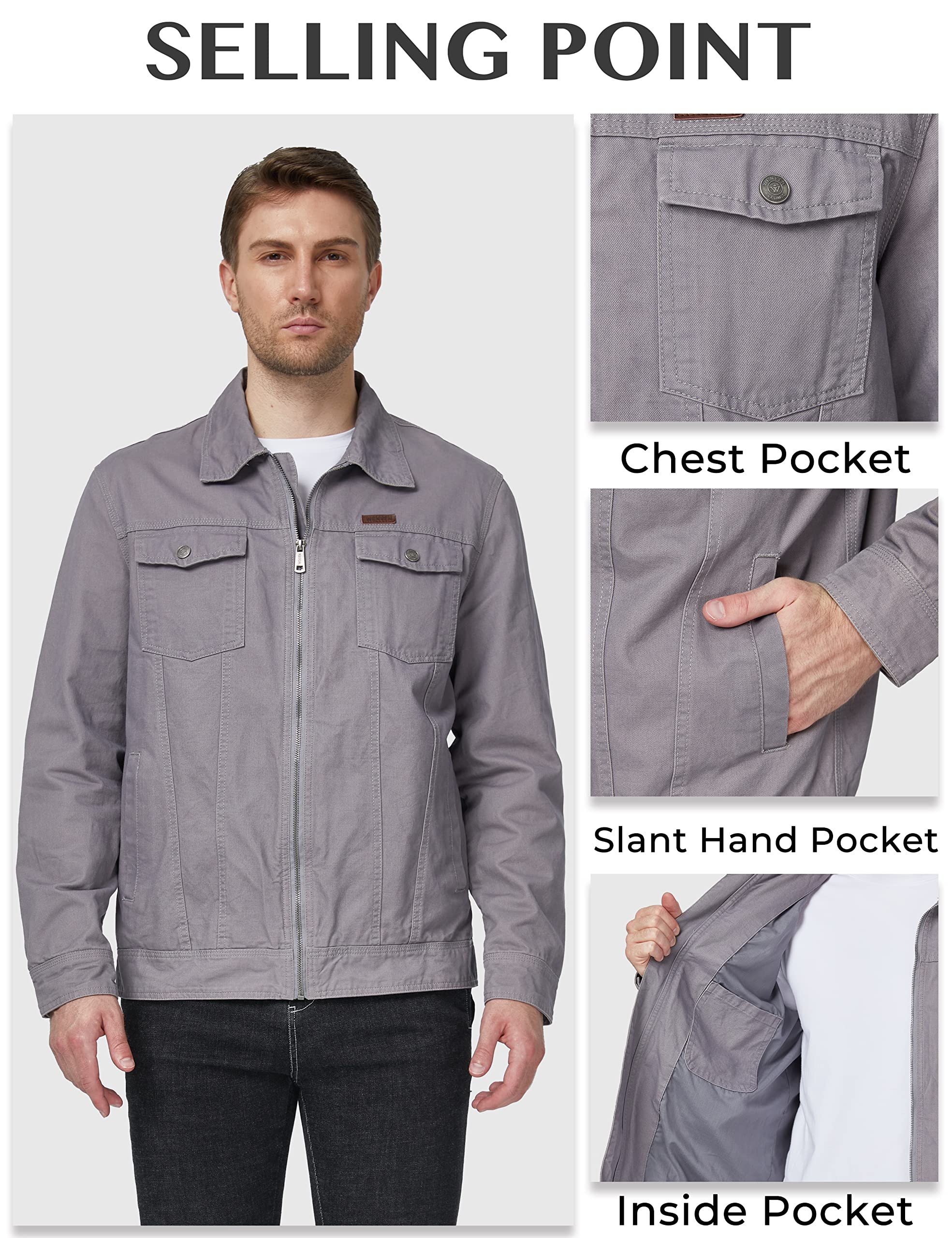 WenVen Men's Casual Canvas Cotton Military Utility Jacket (Light Grey,2XL)