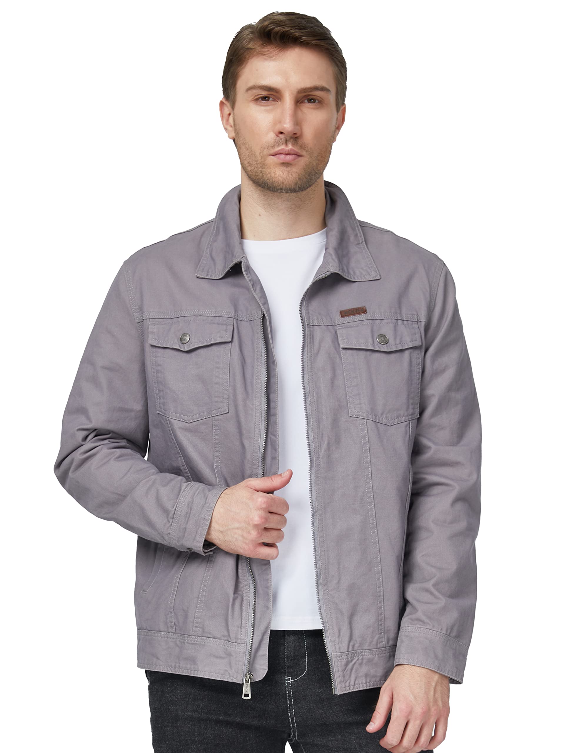 WenVen Men's Casual Canvas Cotton Military Utility Jacket (Light Grey,2XL)