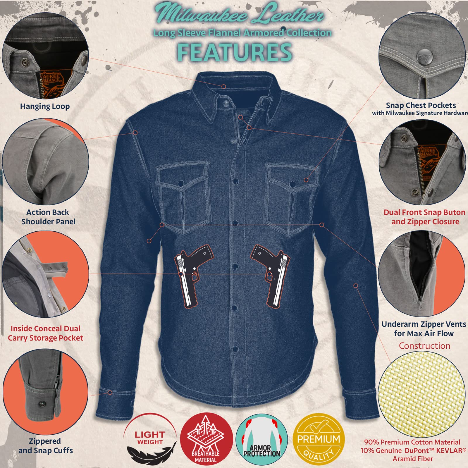 Milwaukee Leather MPM1621 Men's Grey Flannel Biker Shirt with CE Approved Armor - Reinforced w/Aramid Fibers - 3X-Large