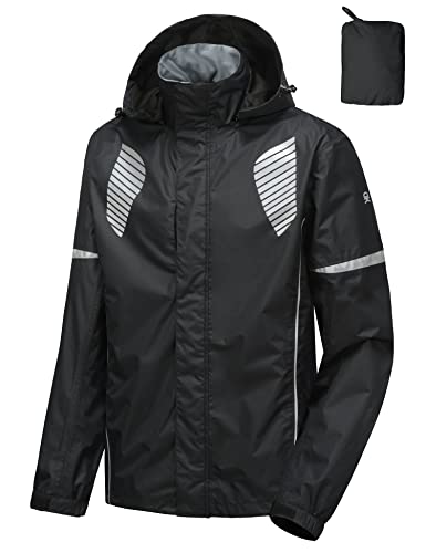 Little Donkey Andy Men's Waterproof Running Cycling Rain Jacket Reflective Raincoats Packable Windbreaker Removable Hood Black S