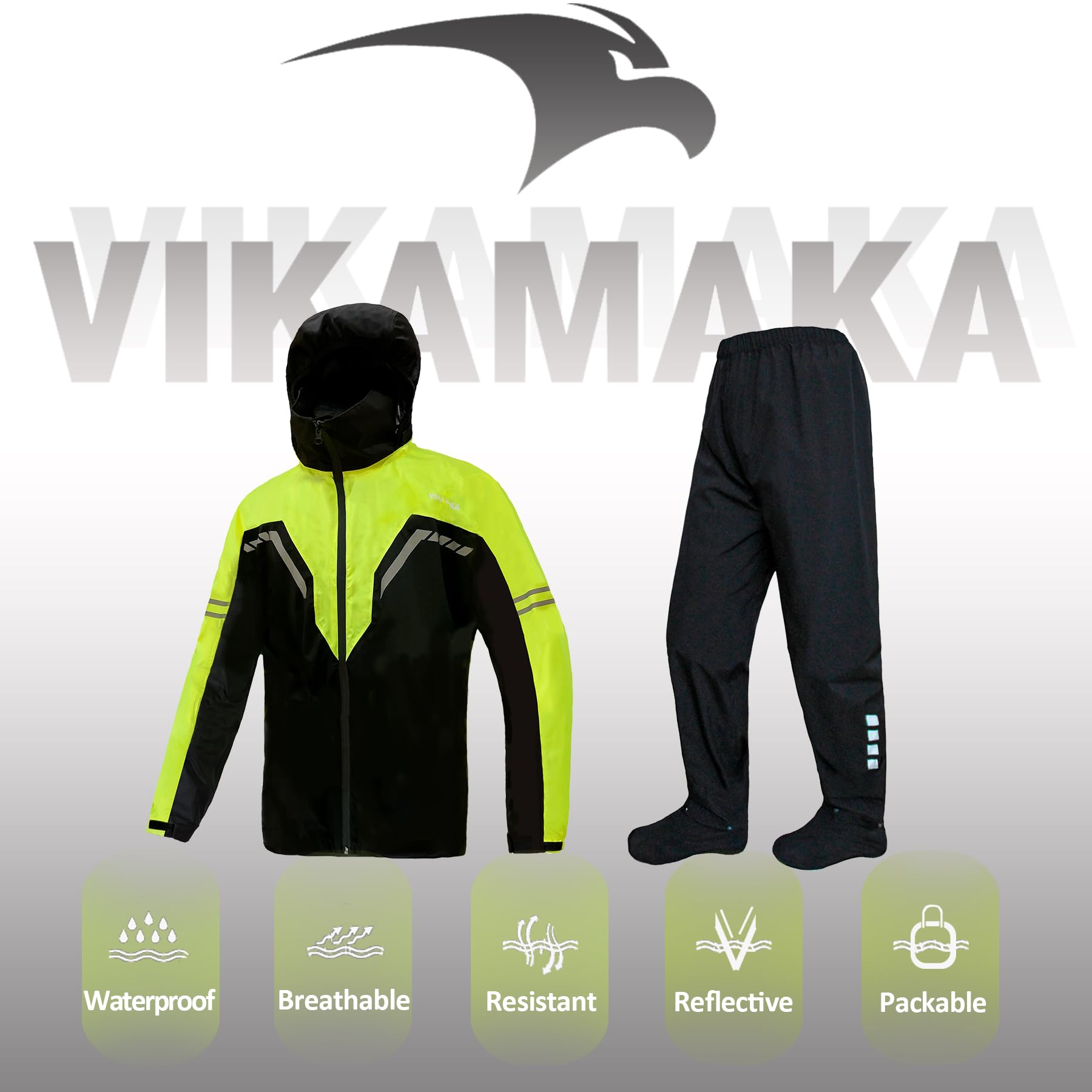 VIKAMAKA Waterproof Rain Suit for Men,Lightweight Rain jacket with Pants 2 Pieces,Double Hats for Motorcycle Cycling Protective