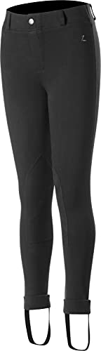 HORZE Nora Girls Riding Pants | Pull-on Kids Equestrian Leather Knee Patch Jodhpur Breeches - Black - M