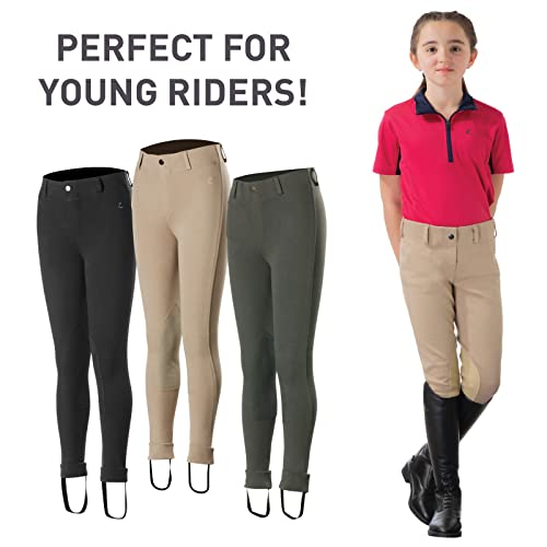 HORZE Nora Girls Riding Pants | Pull-on Kids Equestrian Leather Knee Patch Jodhpur Breeches - Black - M