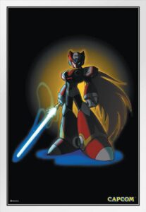 mega man zero blade video game video gamer classic retro vintage 90s gaming megaman capcom legacy collection megaman 11 mega man x dr wily white wood framed wall art 14x20