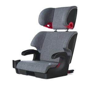 clek oobr high back booster seat with adjustable headrest, reclining design, latch system, and retardant-free fabric, thunder