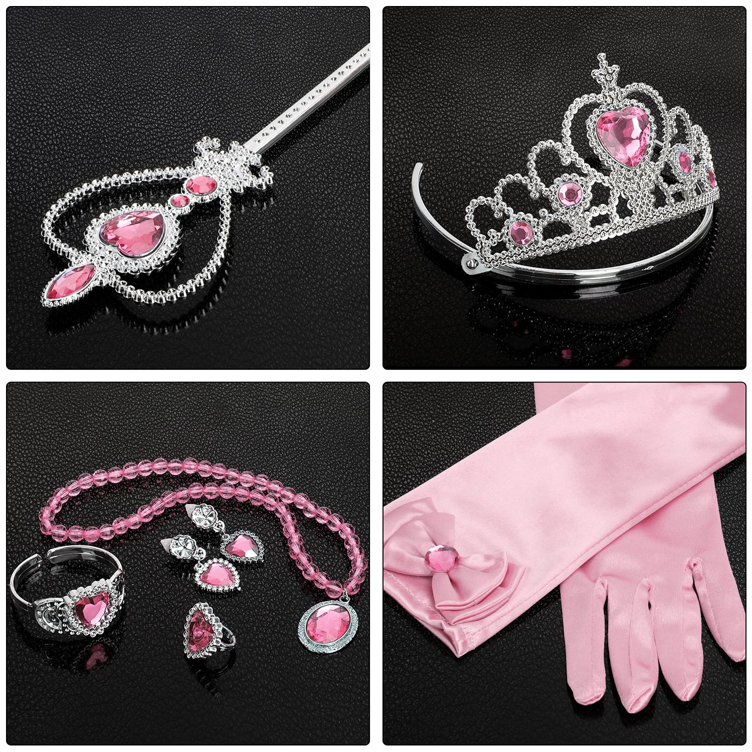 Princess Dress Up Party Accessories for Princess Costume Gloves Tiara Wand Necklace Earrings Bracelet and Ring Gift Set 9pcs (Pink, Set of 7, 9pcs)