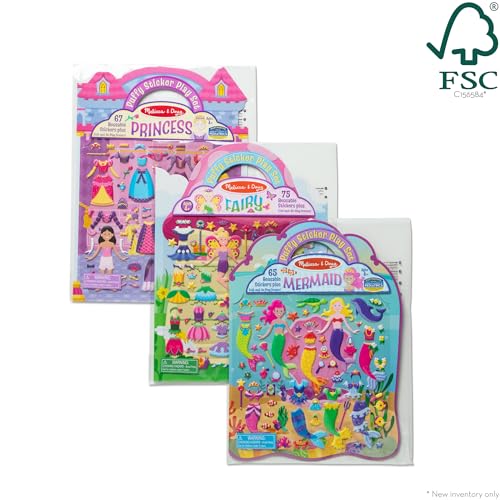 Melissa & Doug Puffy Sticker Activity Books Set: Princess, Mermaid, Fairy - 180+ Reusable Stickers - FSC Certified