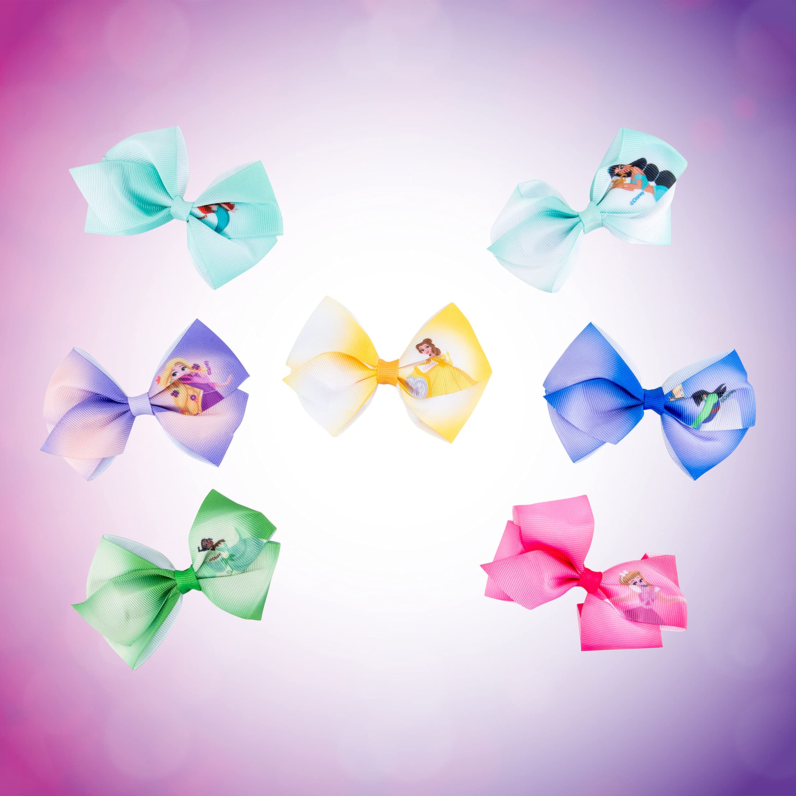 Disney Princess - Girls Hair Accessories Gift Set - Kids Hair Bows - 7 Pcs 4 Inch Bundle - Different Princess on Each Clip - Alligator Clip Ages 3+