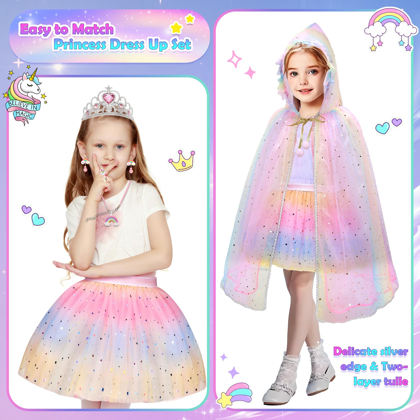 Princess Dress Up for Girls 4-6,Princess Dresses for Girls Toys for 3 4 5 6 7 8 Year Old Girls Gifts,Kids Toys for Girls Age 6-8 Toddler Cape Set Easter Halloween Costumes Party Christmas Birthday