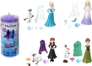 mattel disney frozen small doll snow color reveal with 6 surprises including 1 character figure & 4 accessories (dolls may vary)