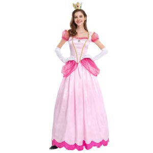 womens halloween costumes: princess halloween costume for women role play pink princess dress with crown adult clothes set performance carnival party fancy dress up christmas outfits pink medium