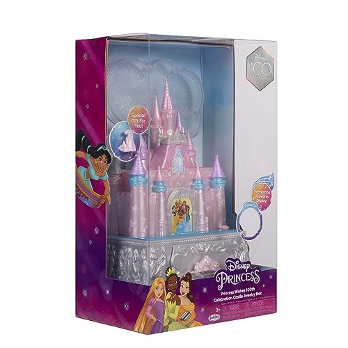 Disney Princess Jewelry Box for Girls Disney 100th Celebration Princess Castle Keepsake Jewelry Box with Music & Firework-Like Light Show, Plays Song “A Dream Is a Wish Your Heart Makes”