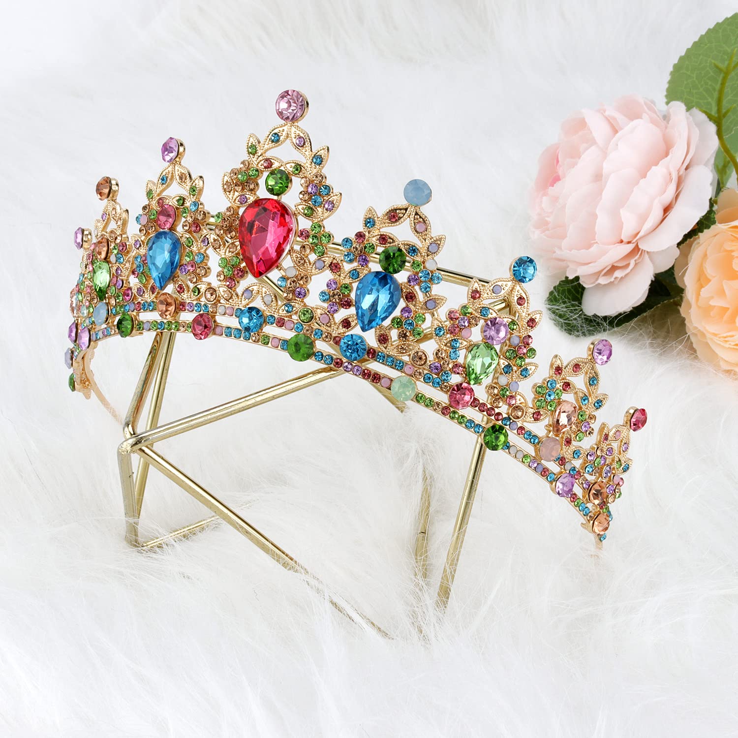 SuPoo Tiaras for Women Birthday Crown Gold Crown Colorful Rhinestone Princess Tiara Metal Queen Crown for Women Headband Hair Accessories Gifts Party Decoration for Wedding Prom Halloween