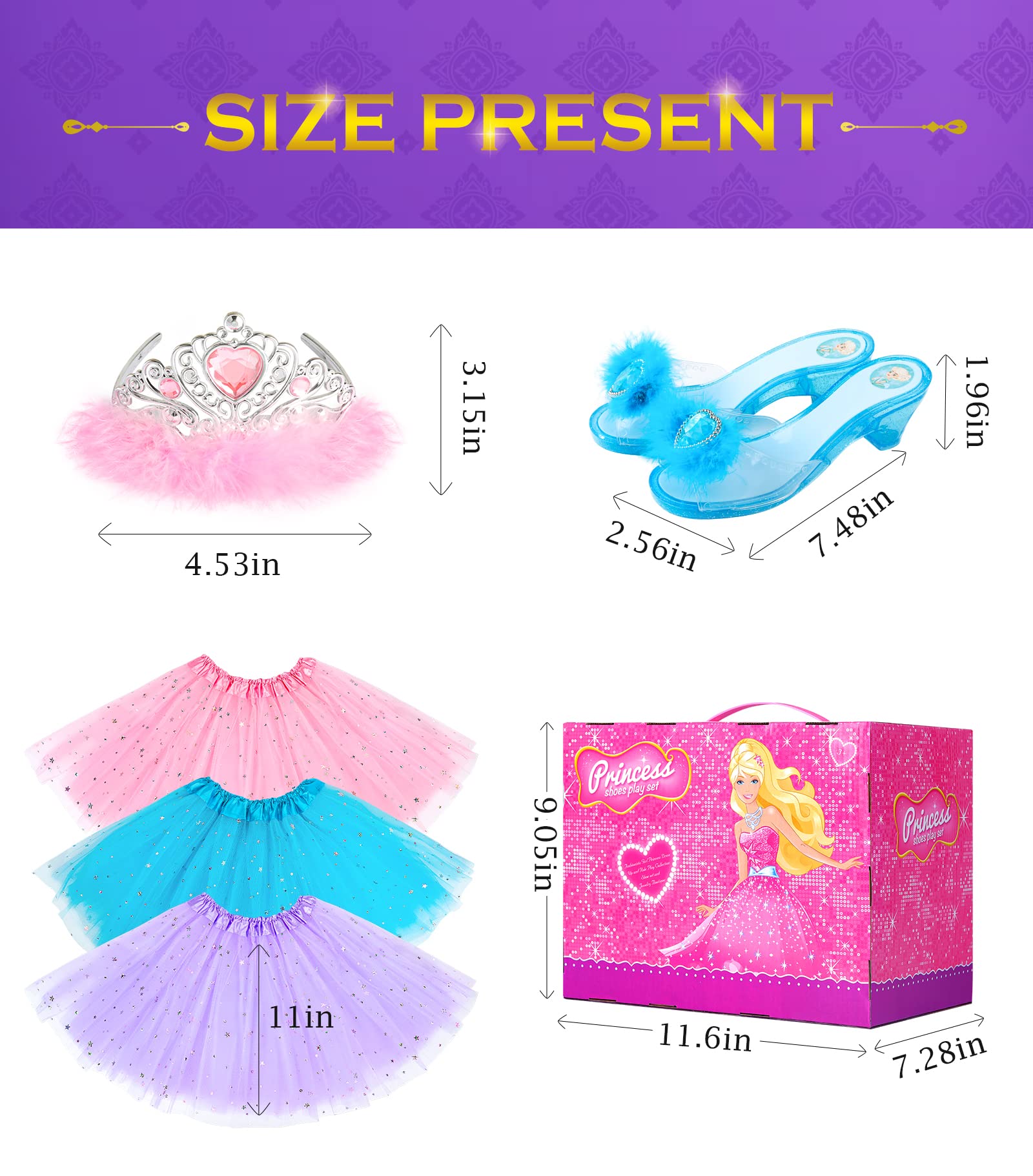 Princess Dress Up Shoes Princess Dresses for Girls, BIBUTY Dress Up Clothes Pretend Play Costumes-3 Sets of Princess Shoes, Dresses and Crowns, Princess Accessory Toys for 3-6 yr Girl Birthday Gifts