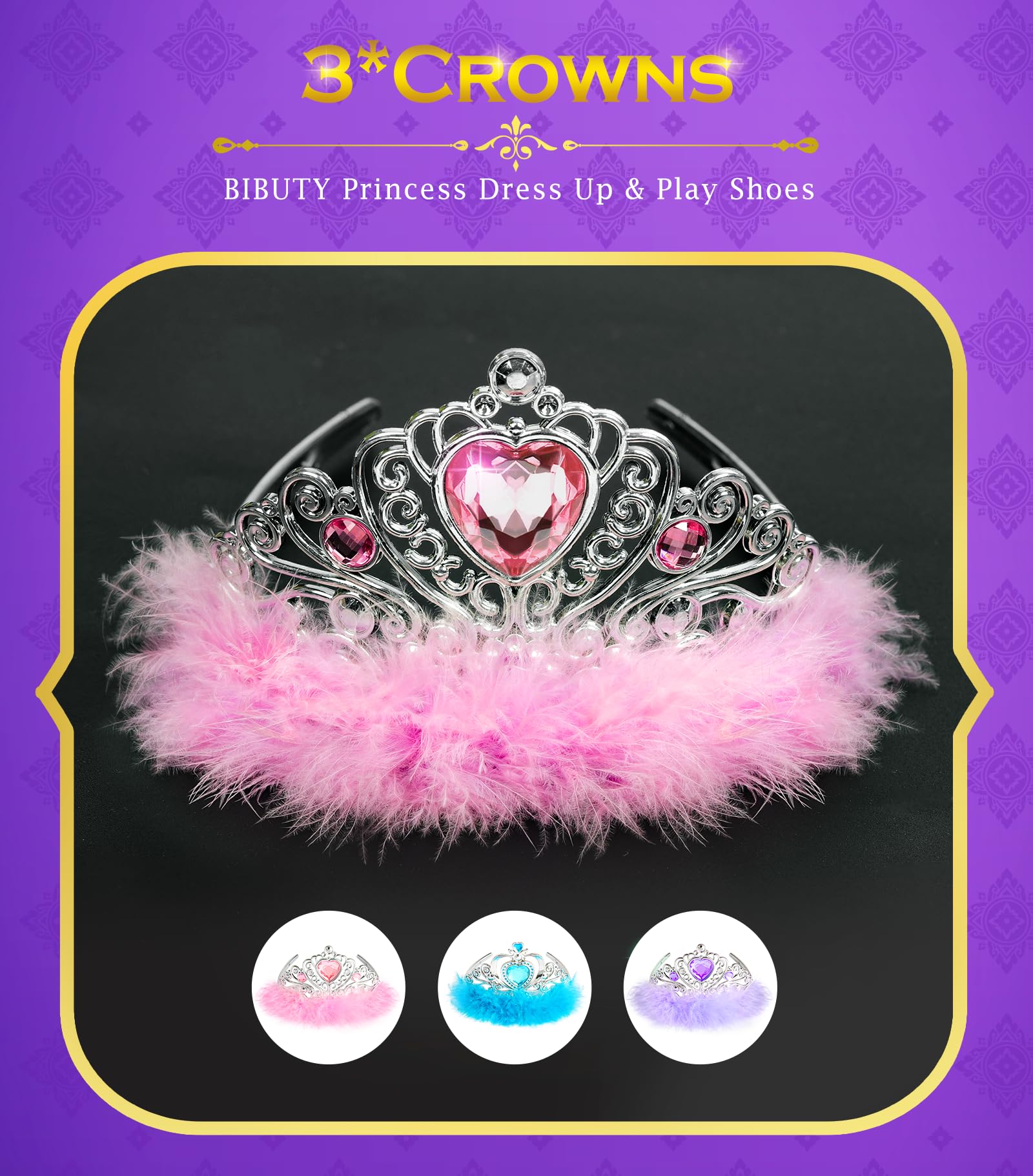 Princess Dress Up Shoes Princess Dresses for Girls, BIBUTY Dress Up Clothes Pretend Play Costumes-3 Sets of Princess Shoes, Dresses and Crowns, Princess Accessory Toys for 3-6 yr Girl Birthday Gifts