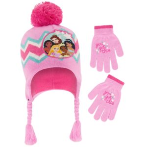 disney girls princess hat and kids gloves set for ages 4-7, pink/punch pink