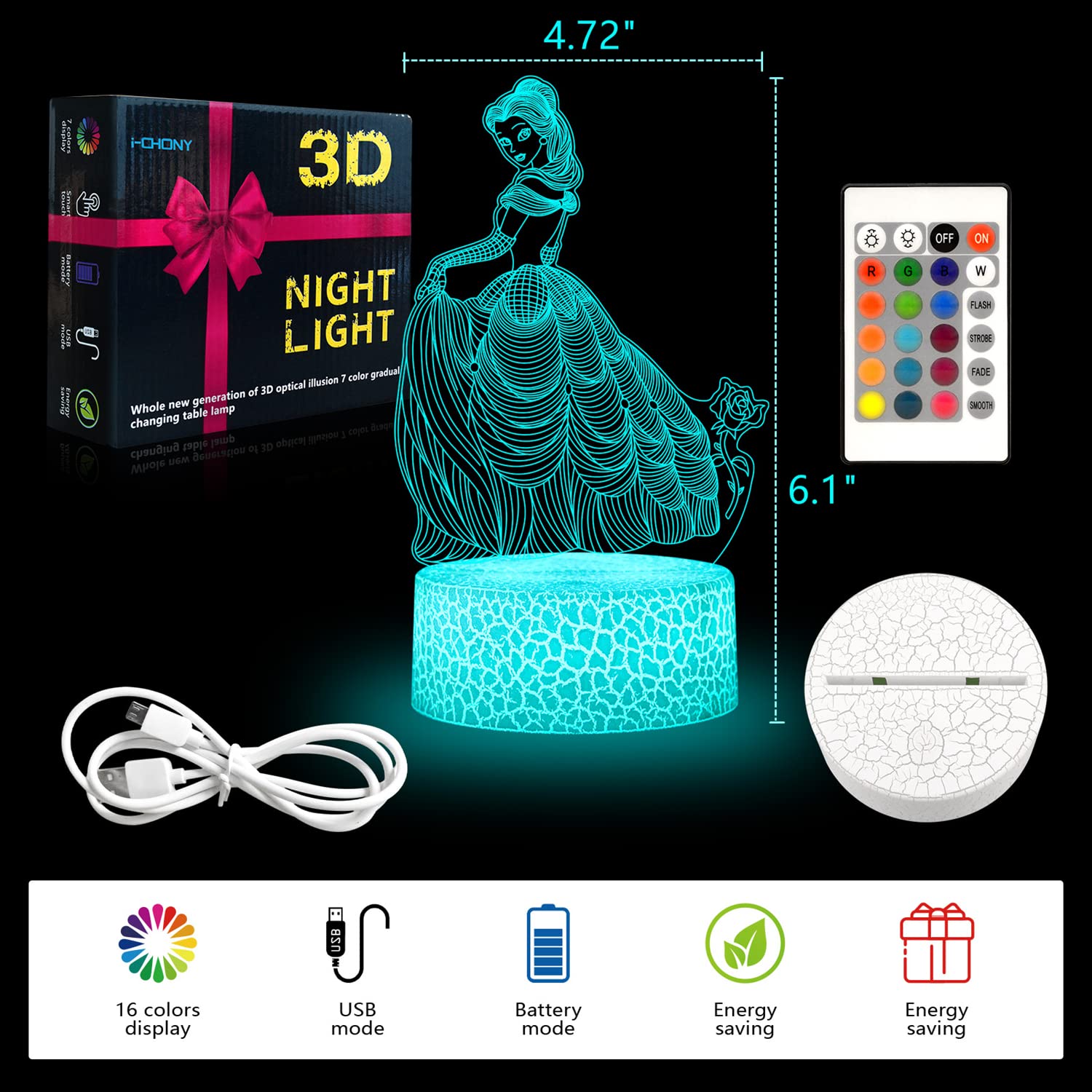 i-CHONY Princess Gift Night Light for Girls,Princess 3D Illusion Lamp with Remote & Smart Touch 16 Colors Dimmable Bedroom Decorations Bedside Lamp,Princess Toys for Kids Girls Teens Birthday Gift