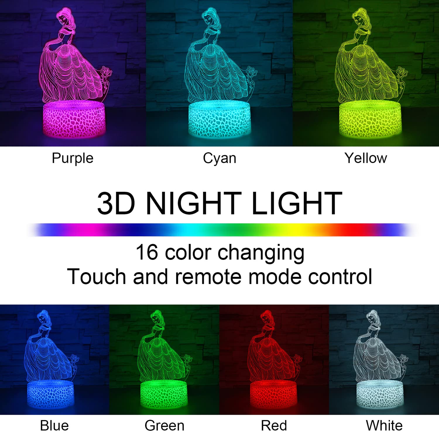 i-CHONY Princess Gift Night Light for Girls,Princess 3D Illusion Lamp with Remote & Smart Touch 16 Colors Dimmable Bedroom Decorations Bedside Lamp,Princess Toys for Kids Girls Teens Birthday Gift