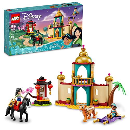 LEGO Disney Princess Jasmine and Mulan Adventure 43208 Palace Set, Aladdin & Mulan Buildable Toy with Horse and Tiger Figures, Gifts for Kids, Girls & Boys