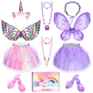 Unicorn & Flower Princess Dress Up Clothes Set for Girls - Tutu, Wings, Shoes, Jewelry, Headband & Play Toys Gift Set for Toddlers