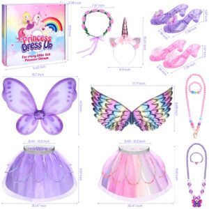 Unicorn & Flower Princess Dress Up Clothes Set for Girls - Tutu, Wings, Shoes, Jewelry, Headband & Play Toys Gift Set for Toddlers