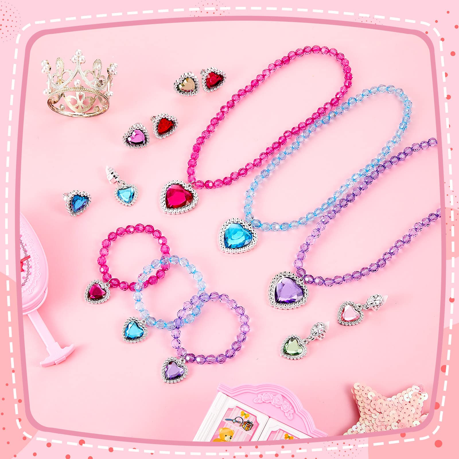 Henoyso 6 Set Princess Jewelry Dress Up Jewelry Princess Pretend Toy Jewelry Set with Necklace Bracelet Rings Earrings Princess Costume Jewelry Beaded Toy Necklace for Party Favors Costume (Colorful)