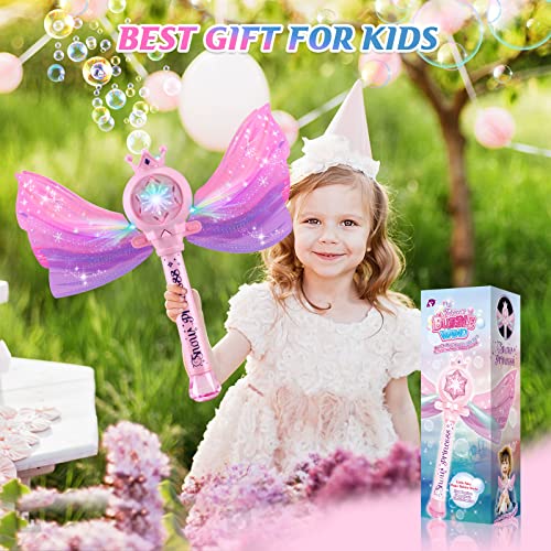 Britik Bubble Wands for Kids Girls - LED Light & Music Bubble Machine: 3 AA Batteries & 2 Bubble Solutions, Outdoor Party Birthday Toys for Toddlers, Gift for 3 4 5 6 7 8 Year Old Girls