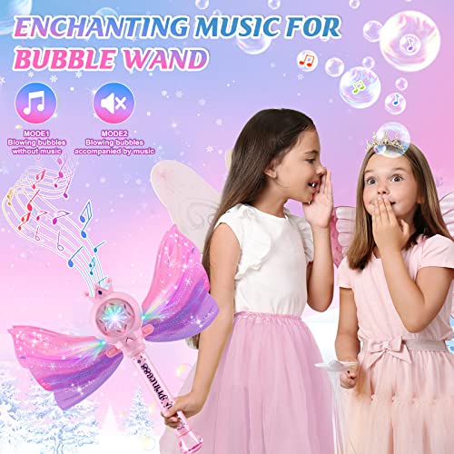 Britik Bubble Wands for Kids Girls - LED Light & Music Bubble Machine: 3 AA Batteries & 2 Bubble Solutions, Outdoor Party Birthday Toys for Toddlers, Gift for 3 4 5 6 7 8 Year Old Girls