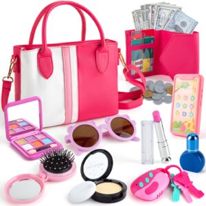 Juboury Play Purse for Little Girls, Pretend Play Accessories with Wallet, Toy Phone, Credit Card, Keys, Princess Pretend Makeup Girl Toys for 3 4 5 6 7 8 Years Old