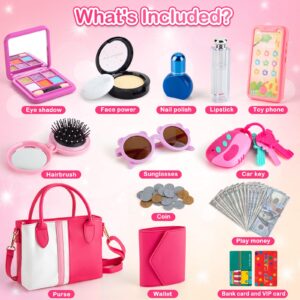 Juboury Play Purse for Little Girls, Pretend Play Accessories with Wallet, Toy Phone, Credit Card, Keys, Princess Pretend Makeup Girl Toys for 3 4 5 6 7 8 Years Old