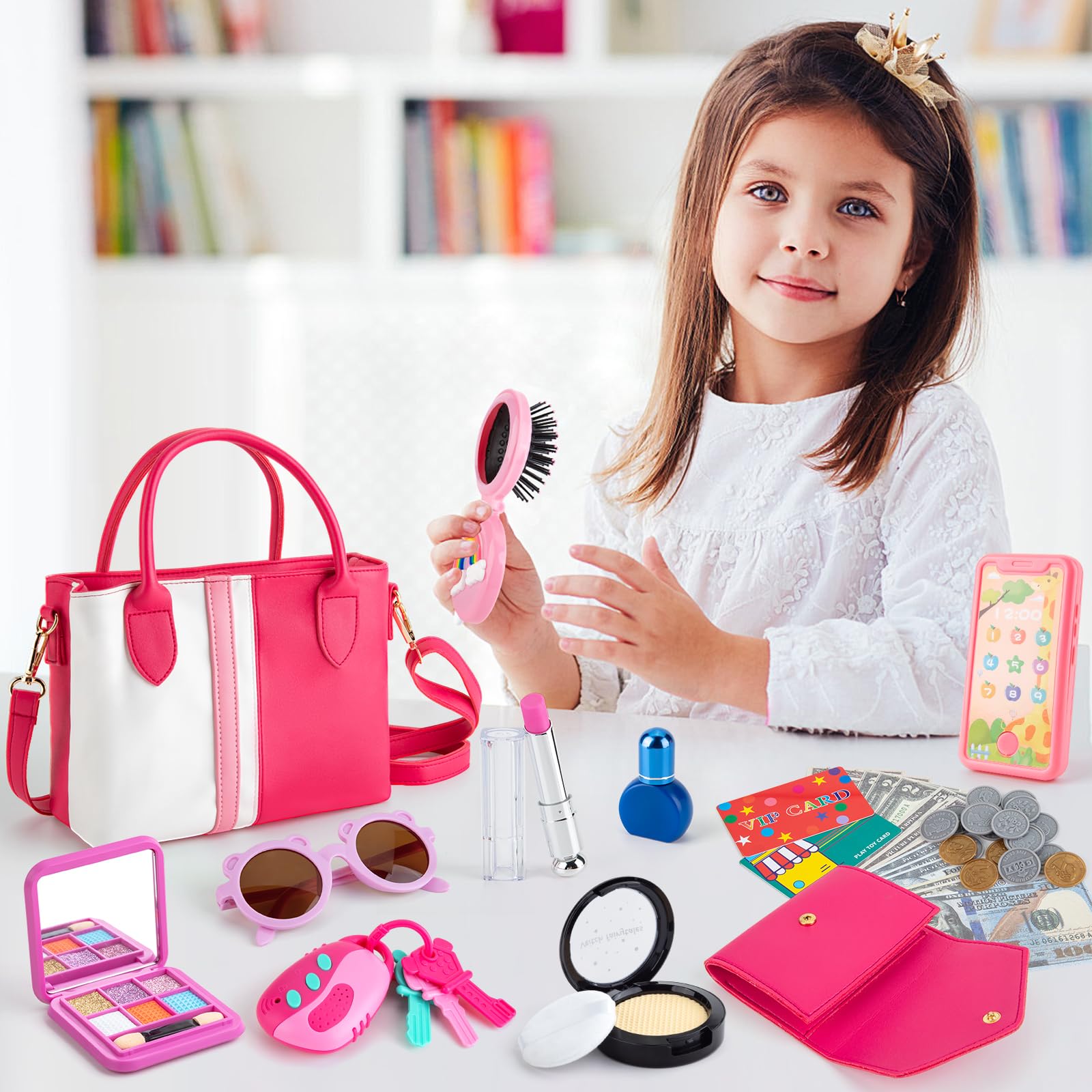 Juboury Play Purse for Little Girls, Pretend Play Accessories with Wallet, Toy Phone, Credit Card, Keys, Princess Pretend Makeup Girl Toys for 3 4 5 6 7 8 Years Old