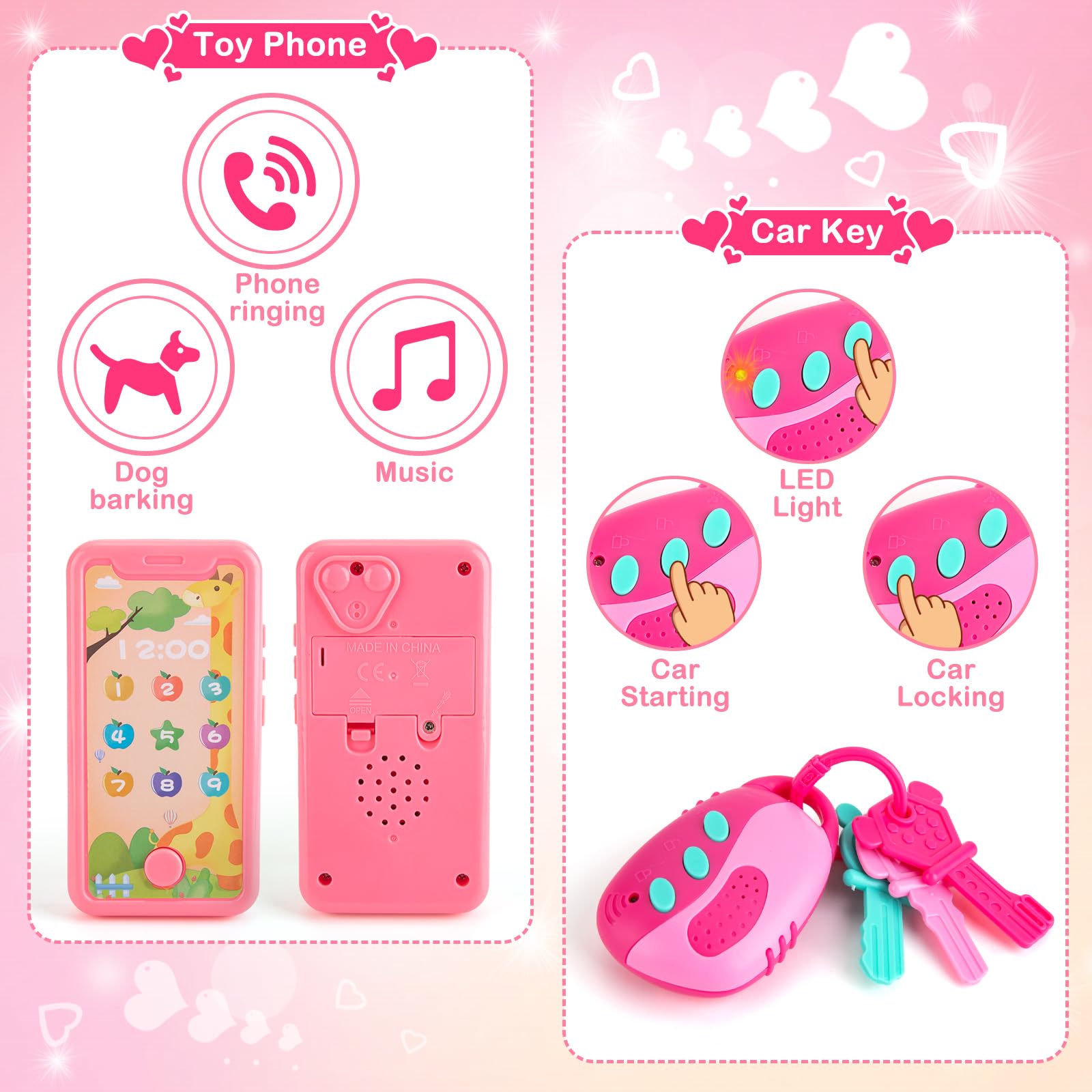 Juboury Play Purse for Little Girls, Pretend Play Accessories with Wallet, Toy Phone, Credit Card, Keys, Princess Pretend Makeup Girl Toys for 3 4 5 6 7 8 Years Old