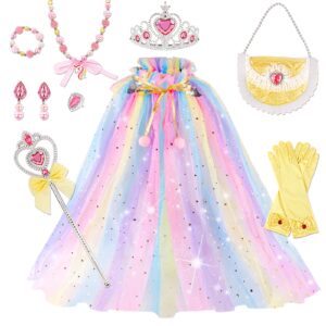 kidzkube Princess Dress up for Girls Ages 4-6, Princess Cape Clothes with Crown, Toddler pricess Dress for Birthday Gift, dress up clothes for girls Age 3 4 5 6 7 8(Colorful)