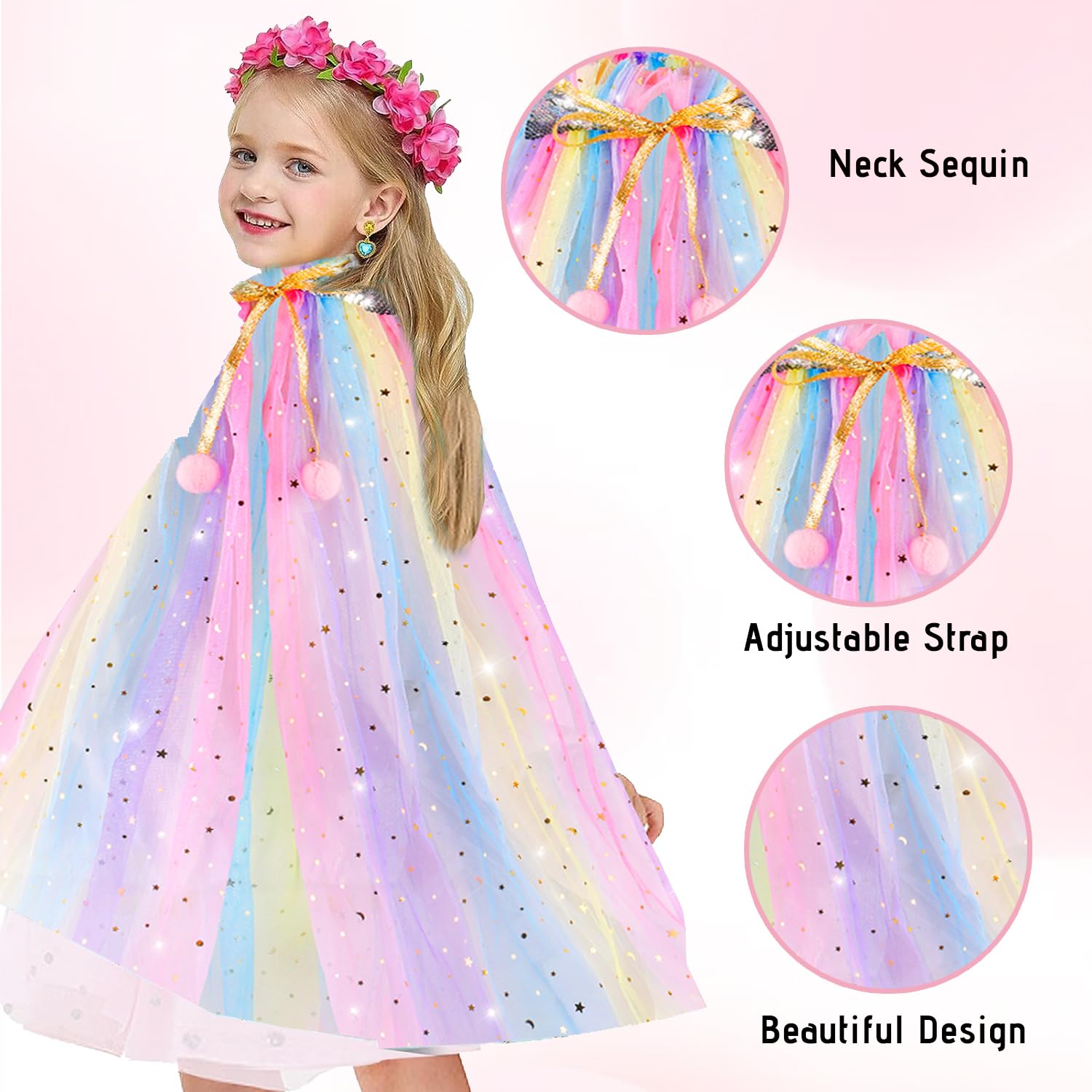 kidzkube Princess Dress up for Girls Ages 4-6, Princess Cape Clothes with Crown, Toddler pricess Dress for Birthday Gift, dress up clothes for girls Age 3 4 5 6 7 8(Colorful)