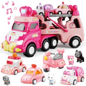 seveclotree 9 in 1 Carrier Truck Cars Toys for Girls Toddlers,Pink Princess Girl Car with Light and Sound,Toddler Girl Toys Age 1-2 2-4,Toys for 1 2 3 Year Old Girls Birthday for Baby Girl…