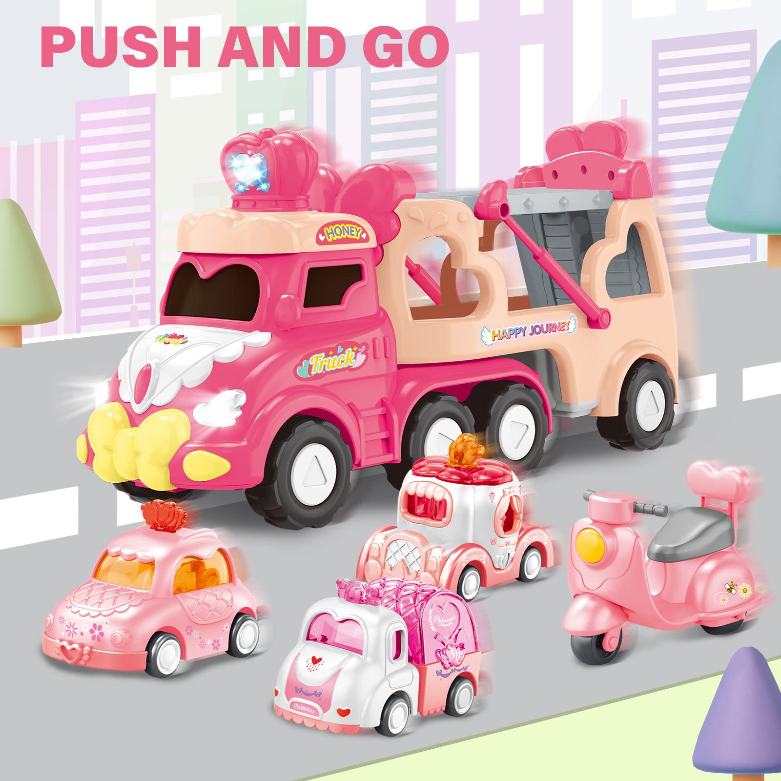 seveclotree 9 in 1 Carrier Truck Cars Toys for Girls Toddlers,Pink Princess Girl Car with Light and Sound,Toddler Girl Toys Age 1-2 2-4,Toys for 1 2 3 Year Old Girls Birthday for Baby Girl…