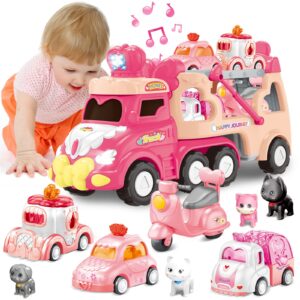 seveclotree 9 in 1 Carrier Truck Cars Toys for Girls Toddlers,Pink Princess Girl Car with Light and Sound,Toddler Girl Toys Age 1-2 2-4,Toys for 1 2 3 Year Old Girls Birthday for Baby Girl…