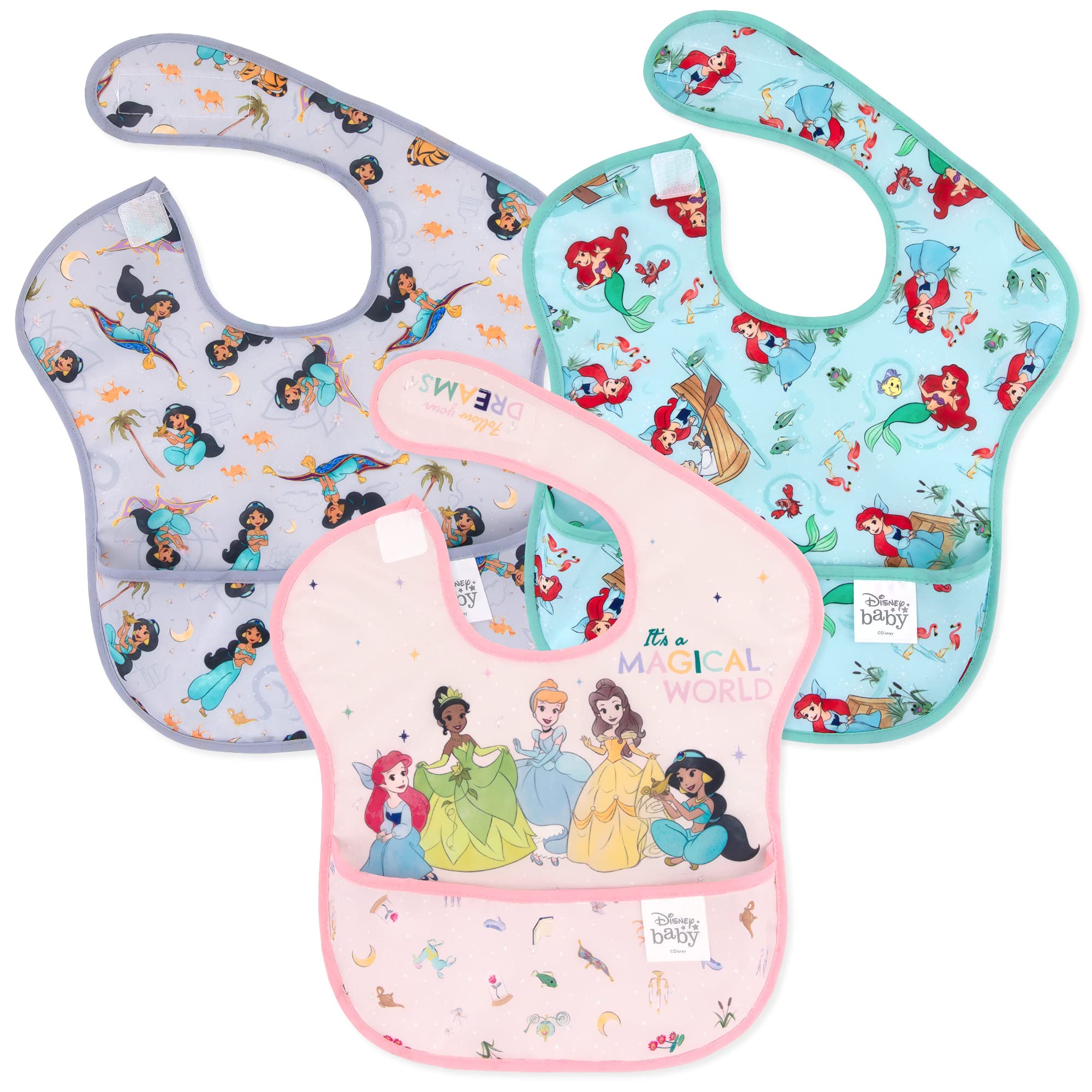 Bumkins Disney Bibs for Girl or Boy, SuperBib Baby and Toddler for 6-24 Months, Essential Must Have for Eating, Feeding, Baby Led Weaning, Mess Saving Waterproof Soft Fabric, 3-pk Princess Magic