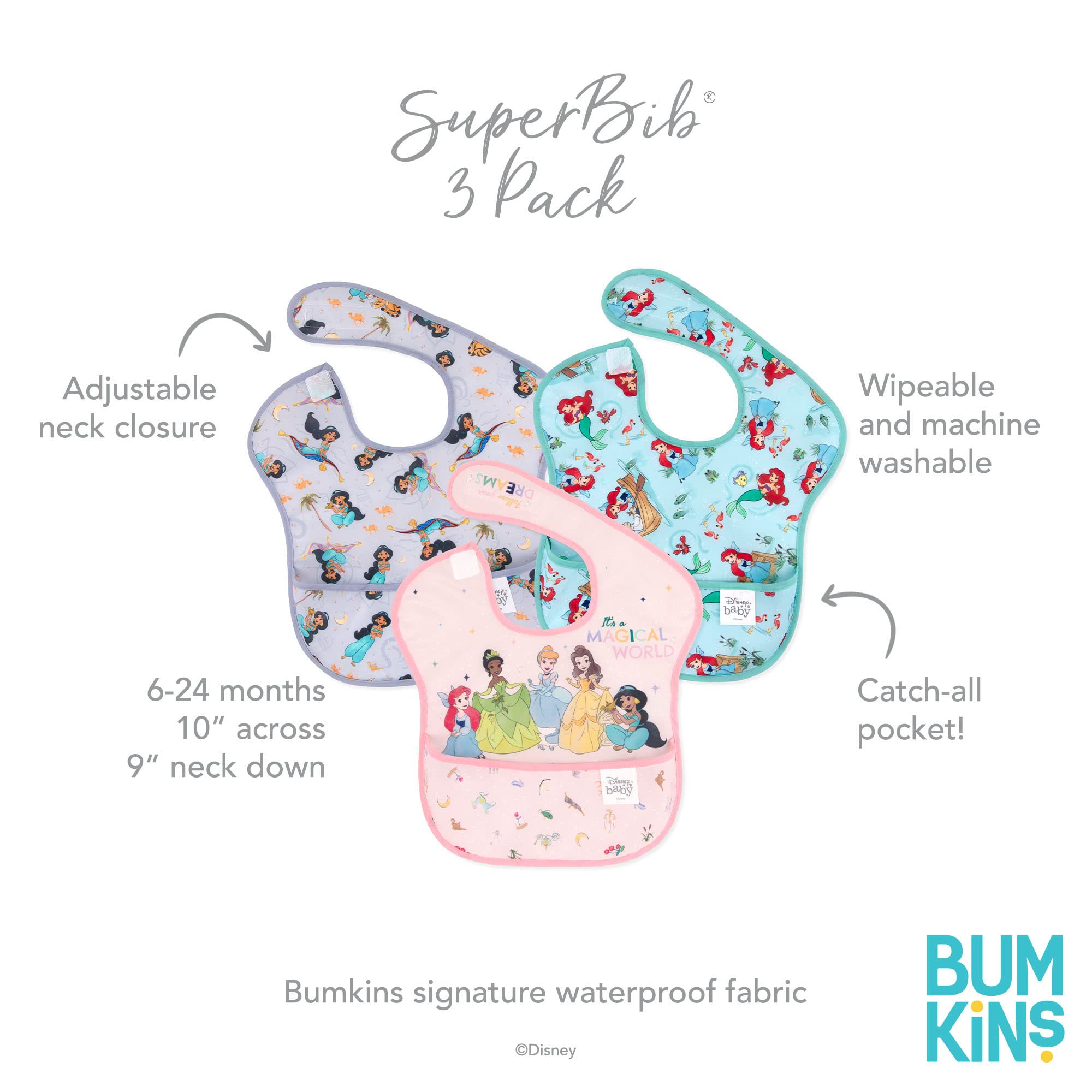 Bumkins Disney Bibs for Girl or Boy, SuperBib Baby and Toddler for 6-24 Months, Essential Must Have for Eating, Feeding, Baby Led Weaning, Mess Saving Waterproof Soft Fabric, 3-pk Princess Magic