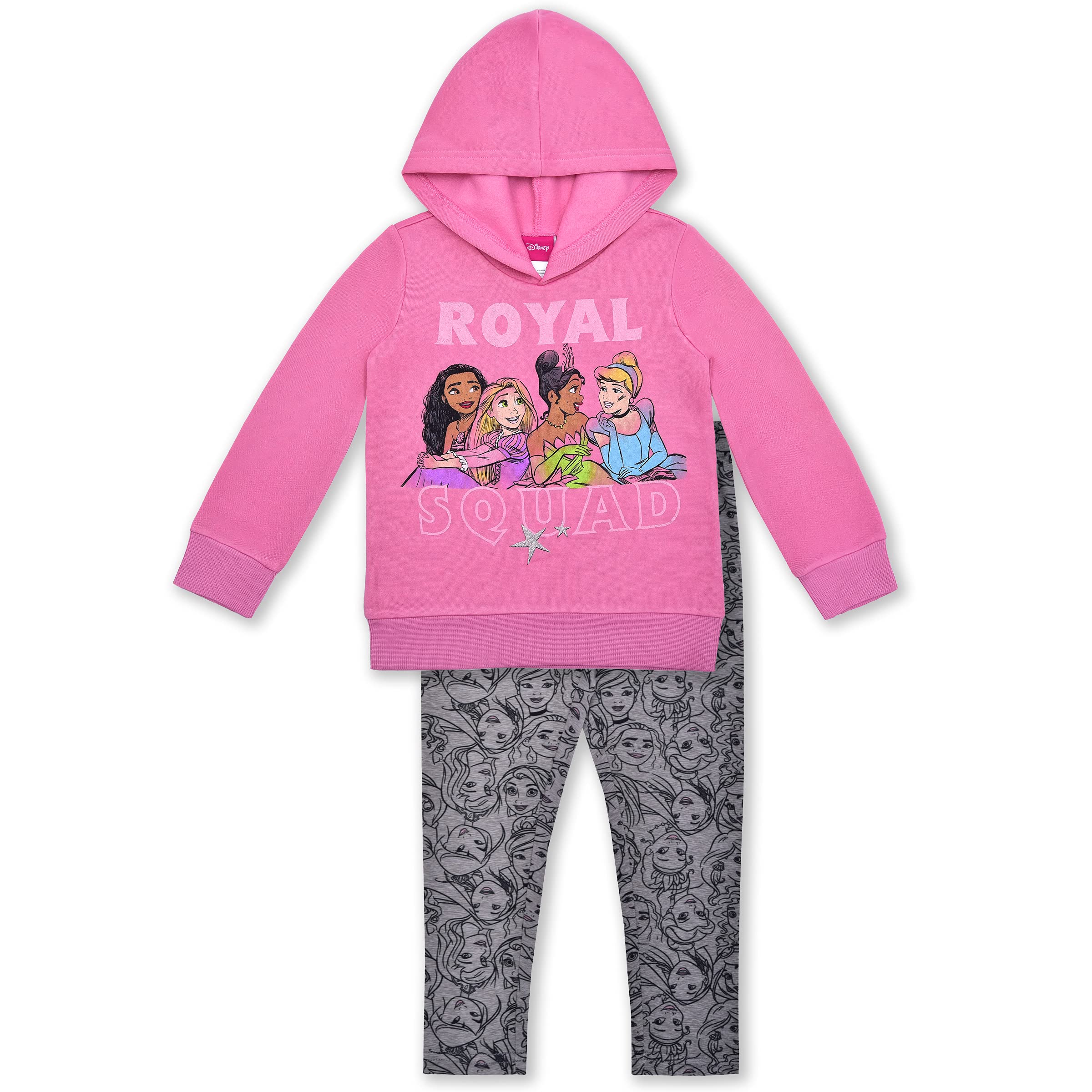 Disney Princess Girls Hoodie and Legging Pants Set for Toddler and Little Kids – Grey/Pink