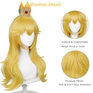 Wiggy Mermaid Blonde Wavy Princess Wig for Adult, Long Golden Cosplay Wig + Crown Brooch Earrings Accessories + Wig Cap for Halloween Costume Party