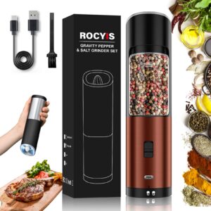 Rocyis USB Rechargeable Electric Salt/Pepper Grinder-Gravity Automatic Spice Mill w/LED Light, Adjustable Coarseness, One Hand Operated Smart Kitchen Gadgets, Gold(Single)