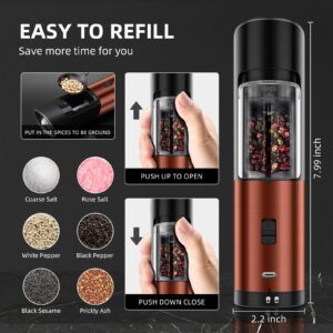 Rocyis USB Rechargeable Electric Salt/Pepper Grinder-Gravity Automatic Spice Mill w/LED Light, Adjustable Coarseness, One Hand Operated Smart Kitchen Gadgets, Gold(Single)